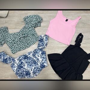 SHEIN Floral and Solid Crop Tops - Green, Pink, Blue, Black